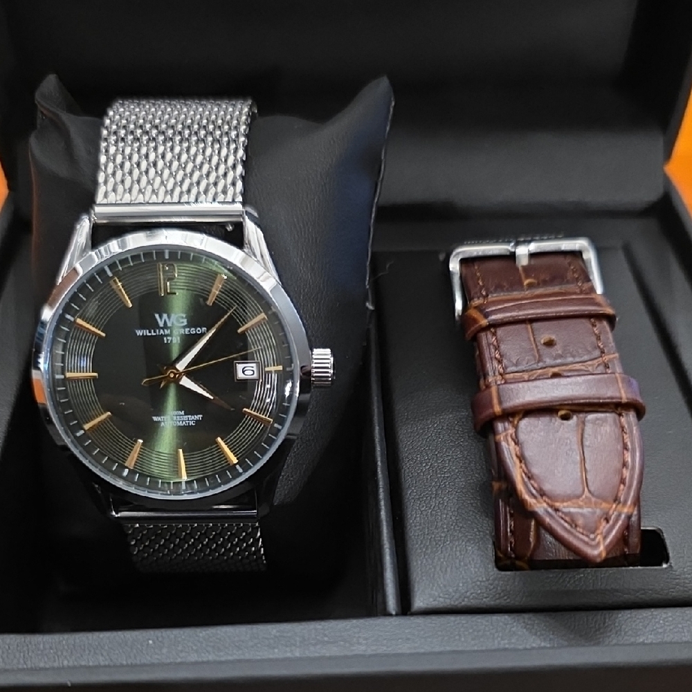 William Gregor Silver and Brown Men's Watch with Green Face